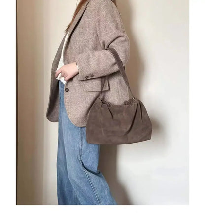 Elegant Khaki Coffee Matte Suede Shoulder Bag