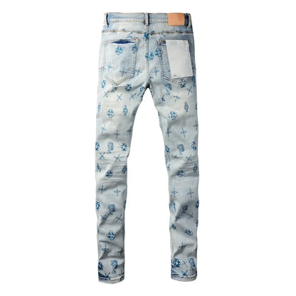 High quality Purples jeans Men High street blue print letters Fashion Repair Low Rise