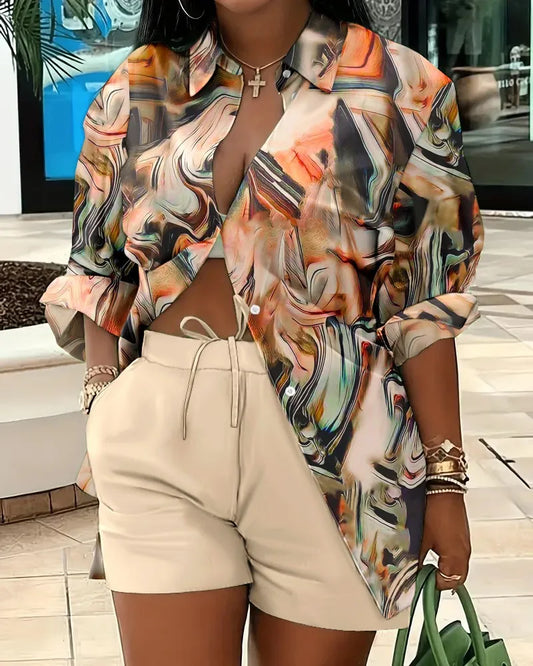 Spring Shirt Two Piece Set For Women Summer Fashion Print Shorts 2 Piece Sets