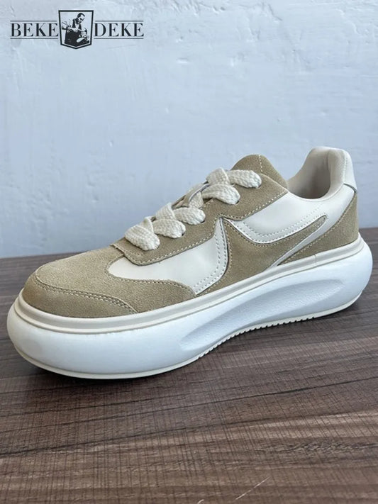 Youth Trend Solid Color Round Toe Platform Unisex Sneakers Handmade Genuine Leather Casual Shoes