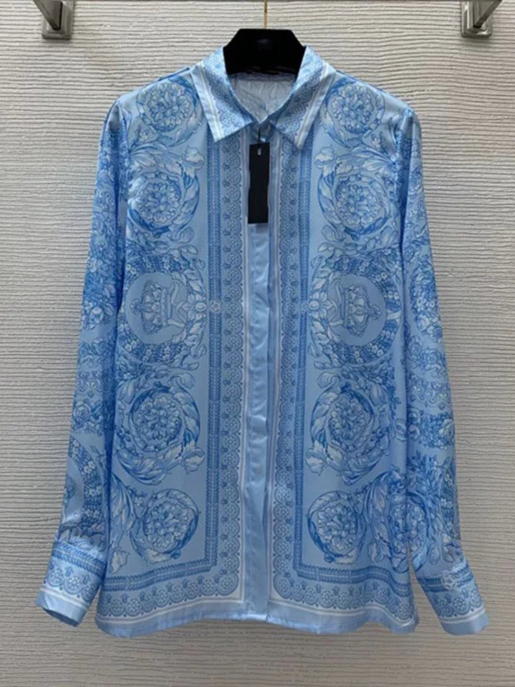 Luxury geometric printing long-sleeved shirt spring and summer new two-piece suit+high waist pleated skirt fashion women's suit