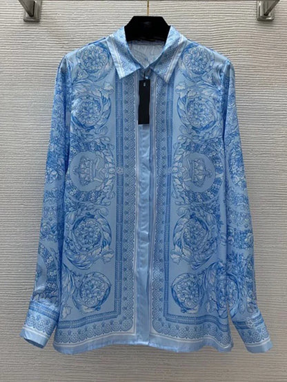 Luxury geometric printing long-sleeved shirt spring and summer new two-piece suit+high waist pleated skirt fashion women's suit