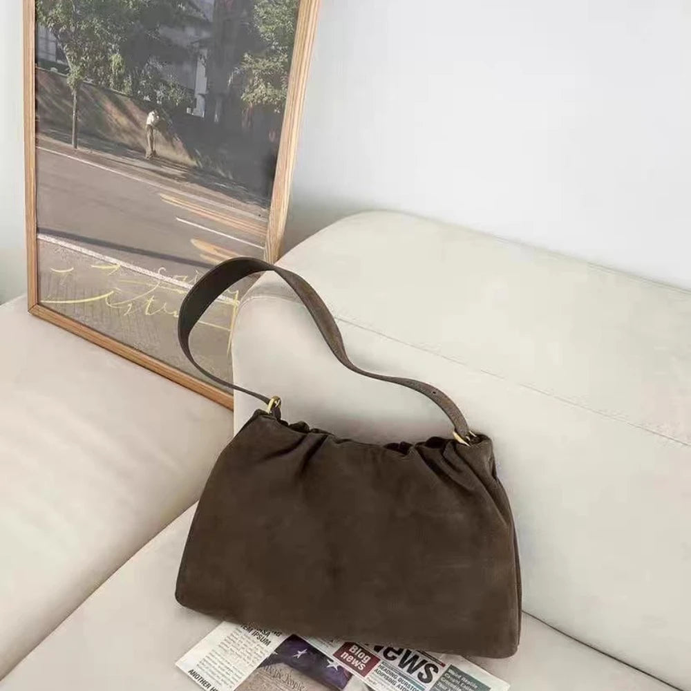 Elegant Khaki Coffee Matte Suede Shoulder Bag