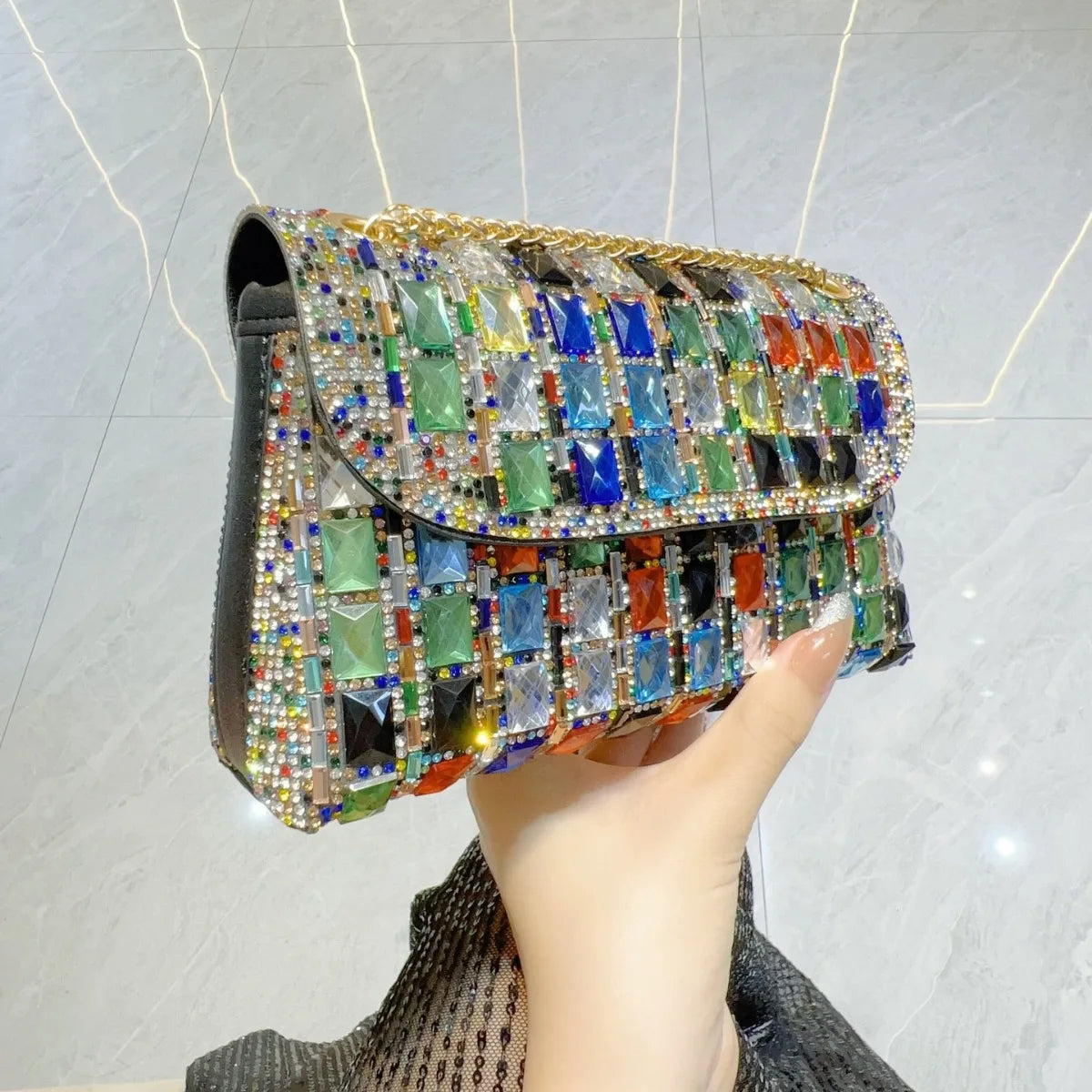 Shiny Glass Rhinestone Clutch Bag as Underarm or Shoulder Messenger Bag