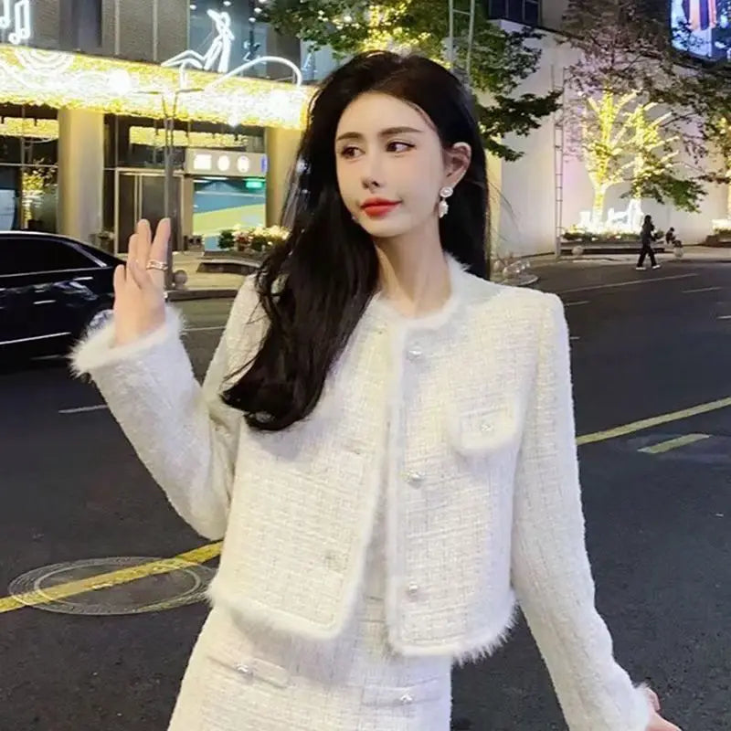 2025 Autumn Winter Sweet Elegant Tweed Short Jacket + Skirt Two-piece Set