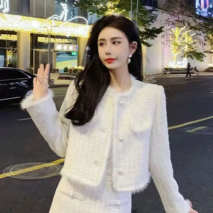 2025 Autumn Winter Sweet Elegant Tweed Short Jacket + Skirt Two-piece Set