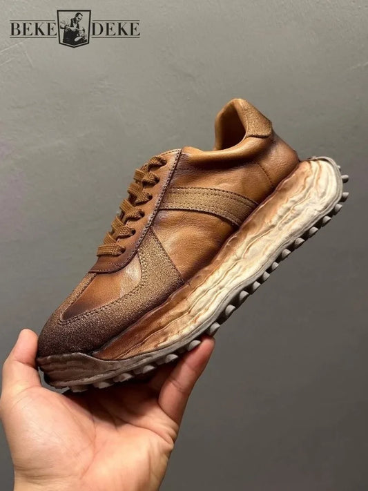 Handmade Vintage Mixed Colors Genuine Leather Platform Shoes Men Lace Up Casual Shoes