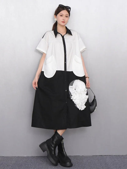 2025 Summer New Turn-down Collar Short Sleeve Single Breasted Dress Women