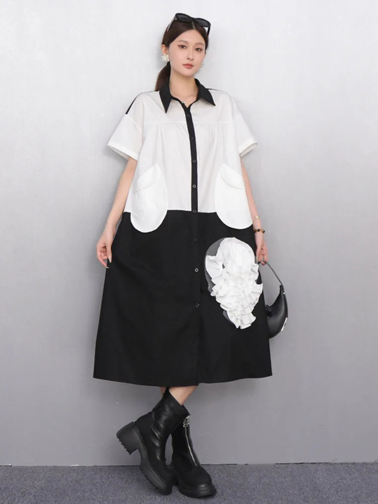 2025 Summer New Turn-down Collar Short Sleeve Single Breasted Dress Women