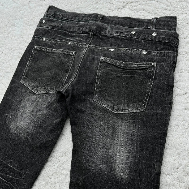 Y2K Washed Jeans Gothic Retro Micro Flared Double Waisted Lace Up Pants Unisex