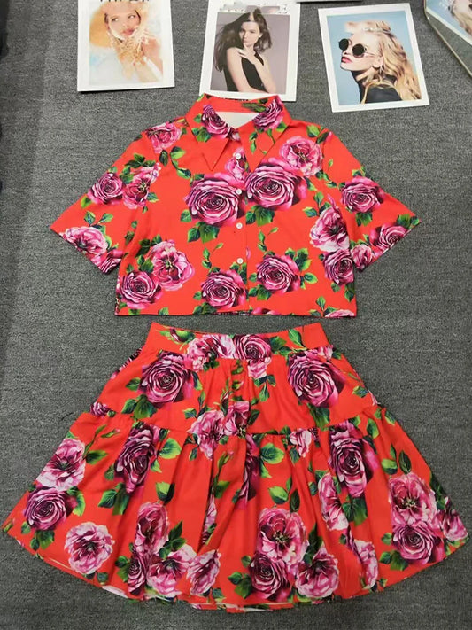 Retro Floral Two-Piece print single-breasted short-sleeved Joker Set