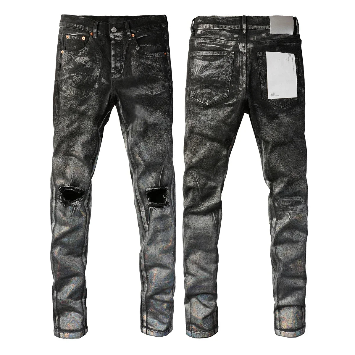 Men's Luxury Distressed Black Streetwear High Stretch Skinny Button Fly Ripped Jean Pants