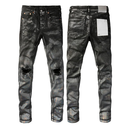 Men's Luxury Distressed Black Streetwear High Stretch Skinny Button Fly Ripped Jean Pants