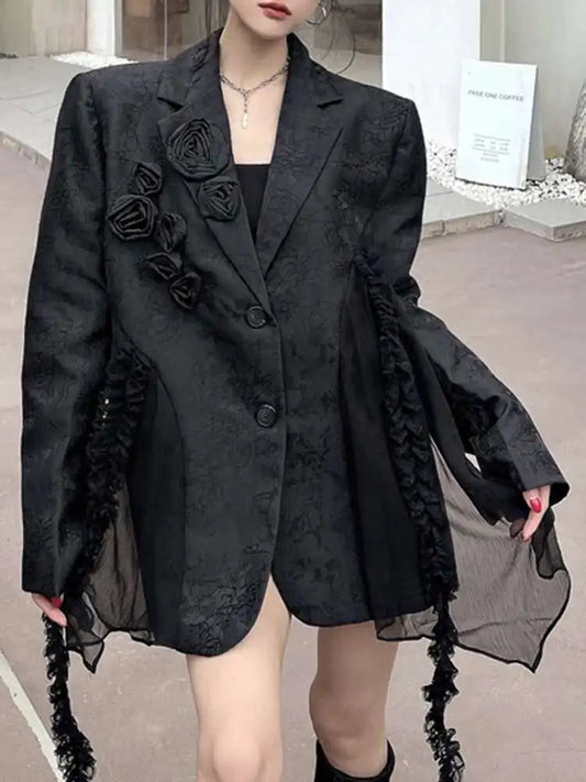 Women’s Black Plus Size Chiffon Spliced 3D Flower Lapel Blazer