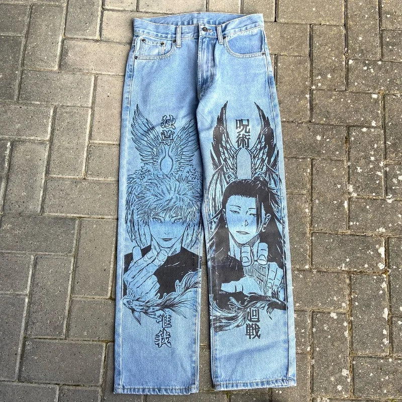 Y2K Anime Baggy Denim Pants Trend Hand Drawn Printed Pattern Unisex Jeans