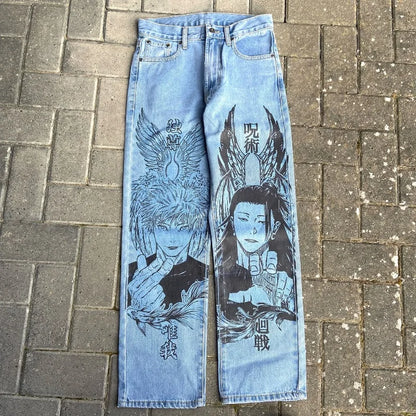 Y2K Anime Baggy Denim Pants Trend Hand Drawn Printed Pattern Unisex Jeans