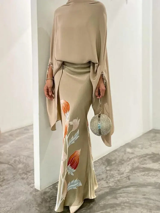 Elegant Skirt Suits 2025 New Women Two Piece Set Solid Color High Neck Tops & Floral Print Skirts