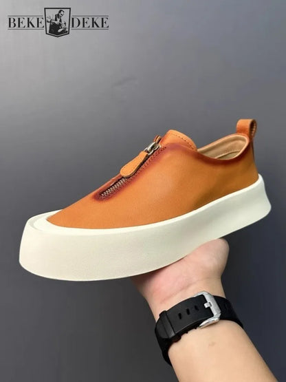 Handmade Fashion Men Zipper Loafers Thick Platform Cowhide Genuine Leather Casual Shoes