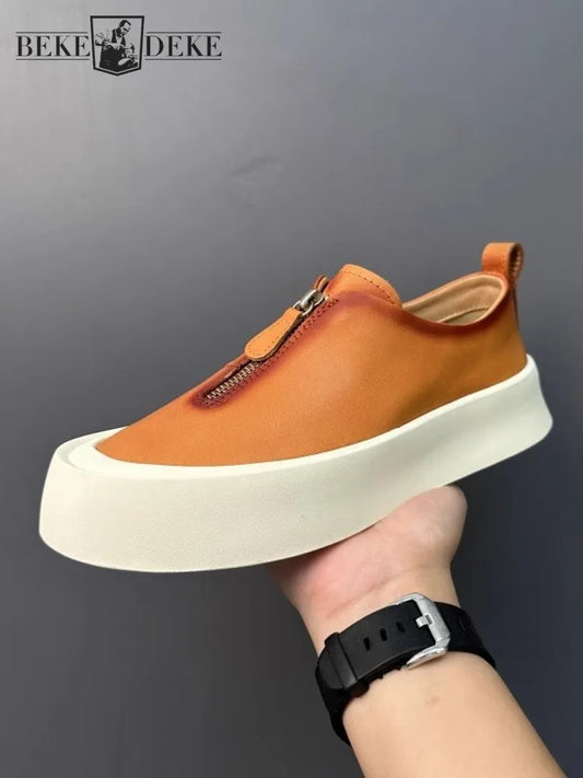 Handmade Fashion Men Zipper Loafers Thick Platform Cowhide Genuine Leather Casual Shoes