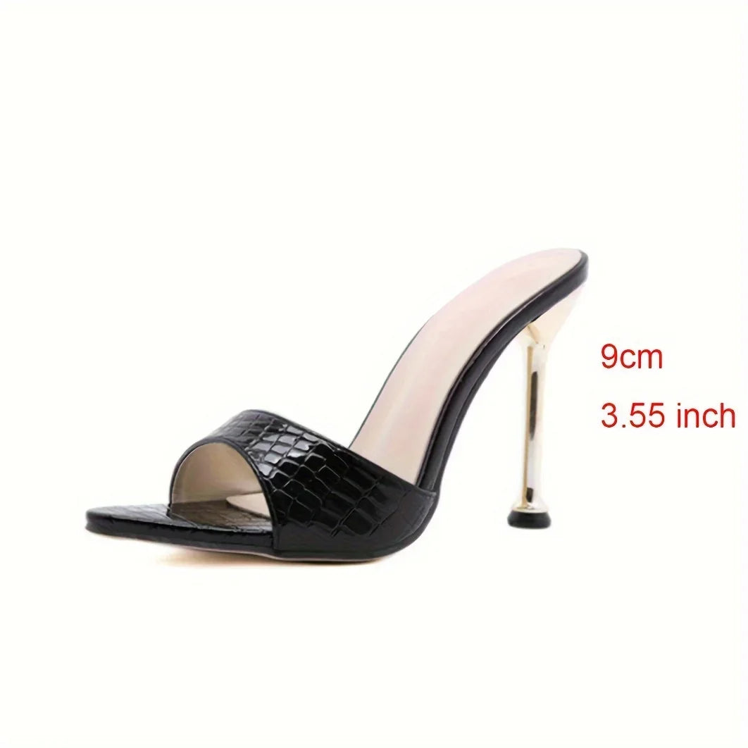 Glamorous Crocodile Texture High Heel Sandals - Chic Slip-On Stilettos with Pointy Peep Toe