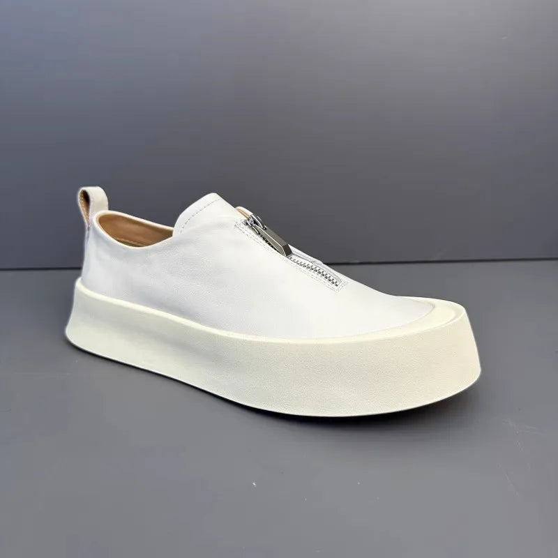 Handmade Fashion Men Zipper Loafers Thick Platform Cowhide Genuine Leather Casual Shoes