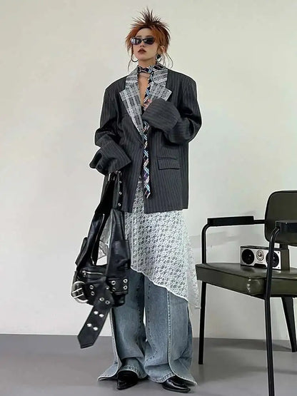Elegant Long Sleeve Lace Blazer Jacket Big Size Spring Autumn 2025