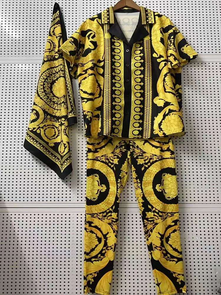 Elegant Retro-printed short-sleeved loose shirt with silk scarf summer new women's Two-Piece Suit