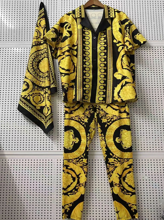 Elegant Retro-printed short-sleeved loose shirt with silk scarf summer new women's Two-Piece Suit