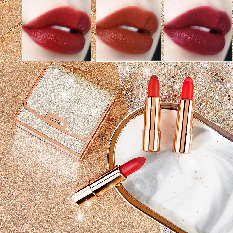 Makeup Korean Matte Lipstick Set Waterproof Long Lasting Leather Bag Velvet Vitamin Lip Gloss Kit Box