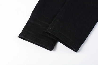 Men's Luxury Distressed Black Streetwear High Stretch Skinny Button Fly Ripped Jean Pants