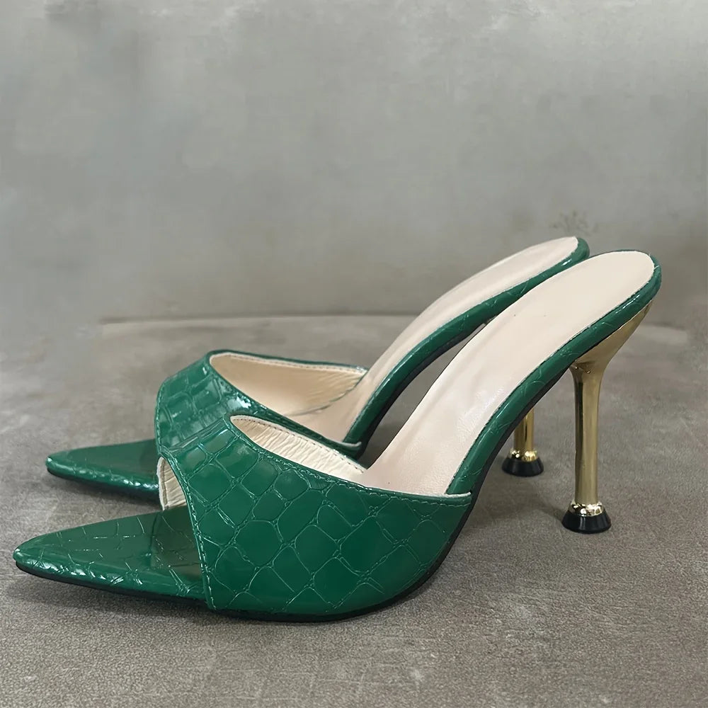 Glamorous Crocodile Texture High Heel Sandals - Chic Slip-On Stilettos with Pointy Peep Toe