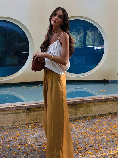 Elegant Women Vest Pants Set Solid Sling V-neck Backless Tops Belt Zipper Wide Leg Long Trouser Lady Suit