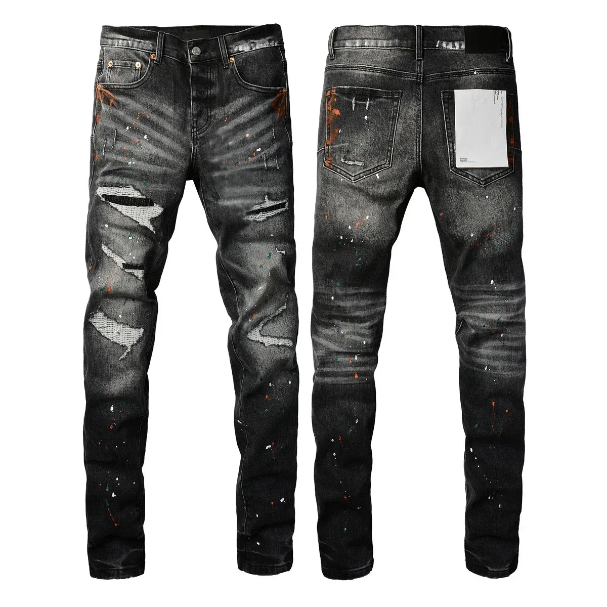 Men's Luxury Distressed Black Streetwear High Stretch Skinny Button Fly Ripped Jean Pants