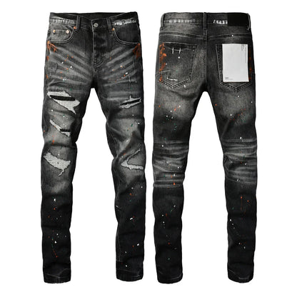 Men's Luxury Distressed Black Streetwear High Stretch Skinny Button Fly Ripped Jean Pants