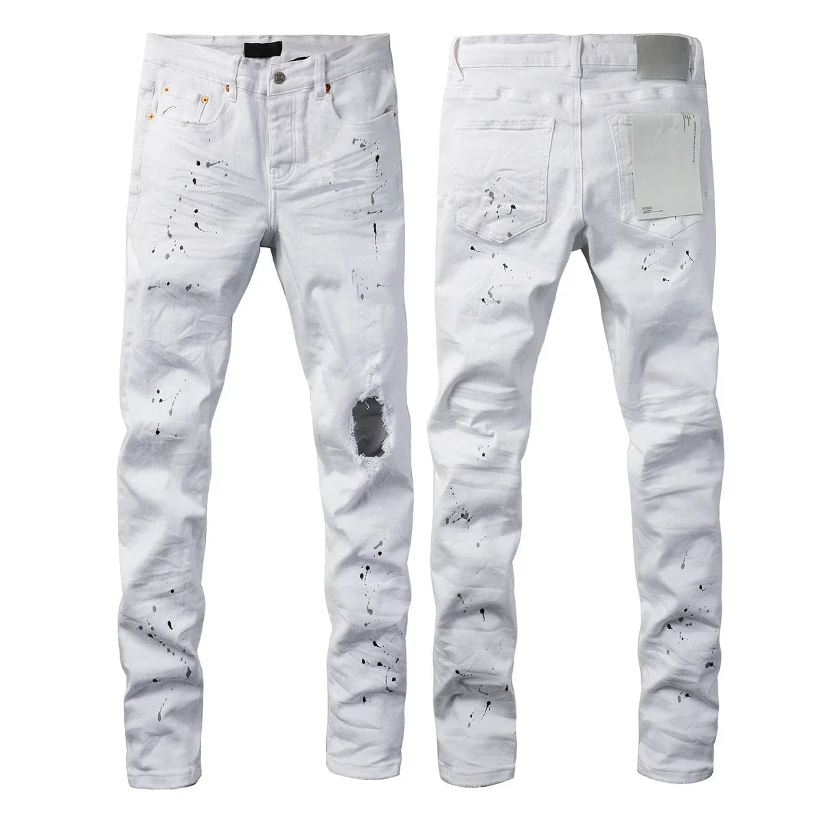 Men's Luxury Distressed Black Streetwear High Stretch Skinny Button Fly Ripped Jean Pants