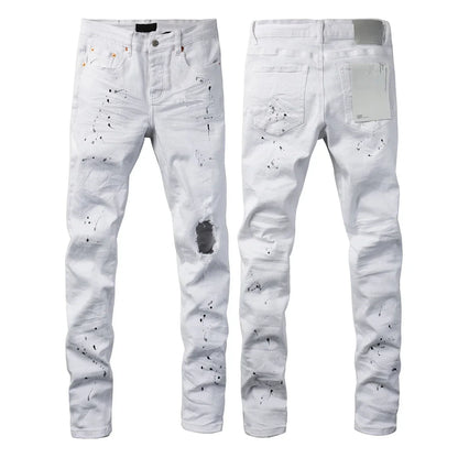 Men's Luxury Distressed Black Streetwear High Stretch Skinny Button Fly Ripped Jean Pants