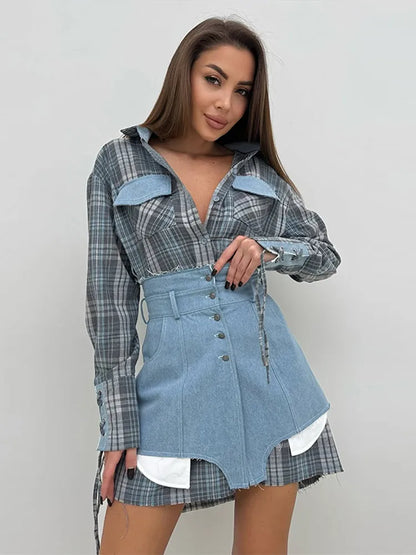 Trendy Women's Shirt with Denim-Like Belted Waist Skirt Set Chic Office Casual Outfit