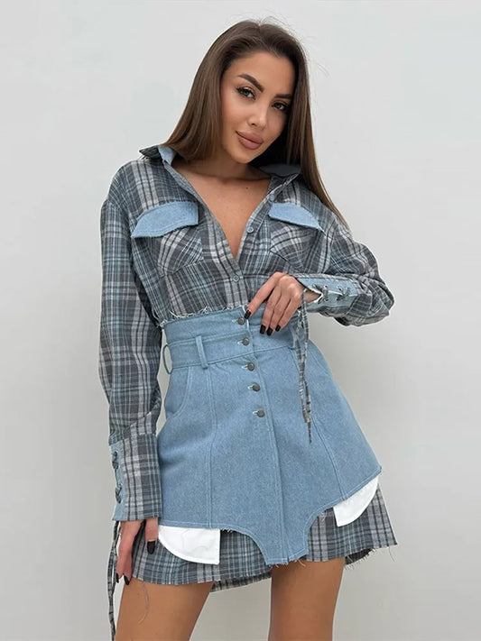 Trendy Women's Shirt with Denim-Like Belted Waist Skirt Set Chic Office Casual Outfit