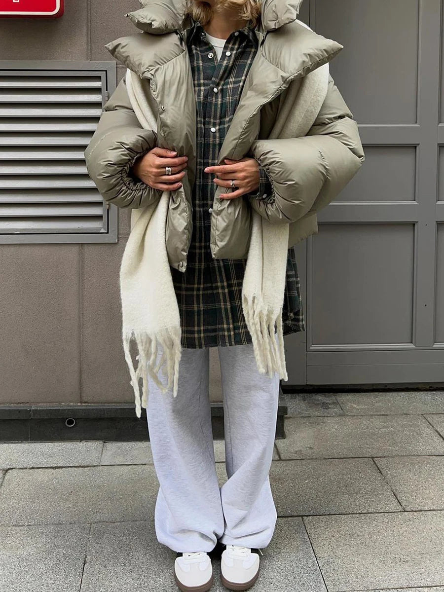 Gray Oversized Short Hooded Puffer Coat  Parka for Autumn Winter 2025
