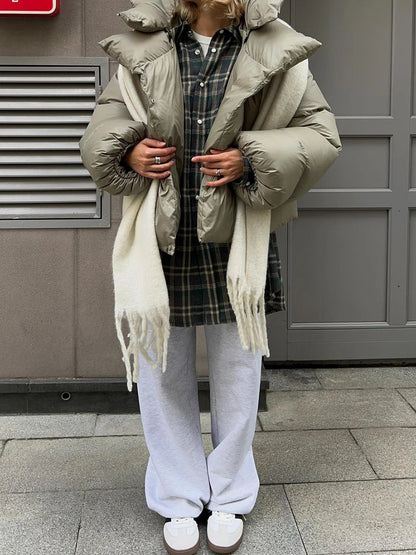 Gray Oversized Short Hooded Puffer Coat  Parka for Autumn Winter 2025