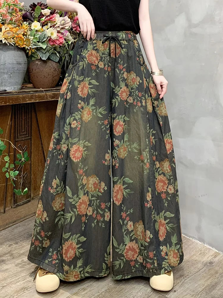 Vintage Luxury Wide-Leg Floral Leisure Jeans for Women
