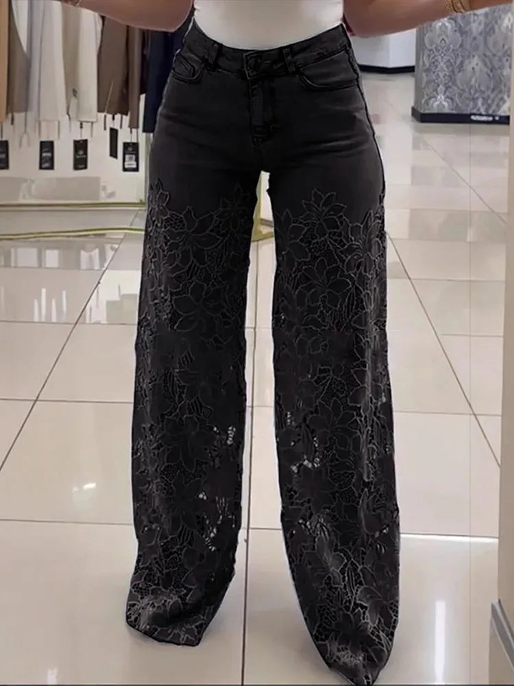 Plus Size Lace Spliced Elegant Denim Jeans New 2025