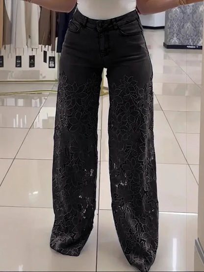 Plus Size Lace Spliced Elegant Denim Jeans New 2025