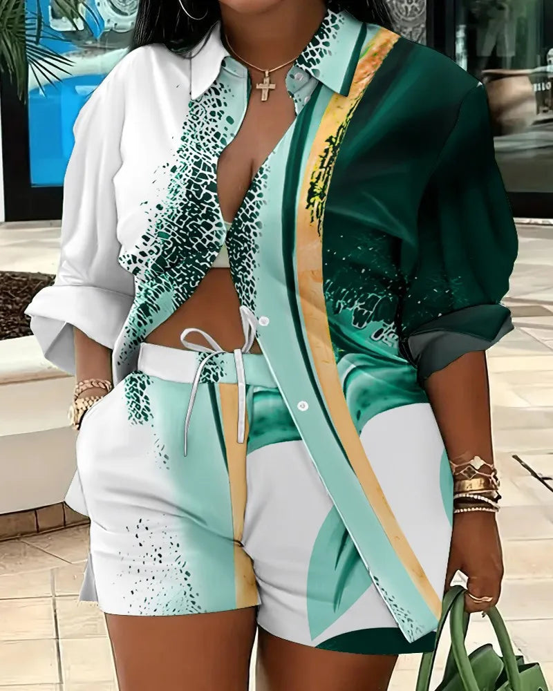 Spring Shirt Two Piece Set For Women Summer Fashion Print Shorts 2 Piece Sets