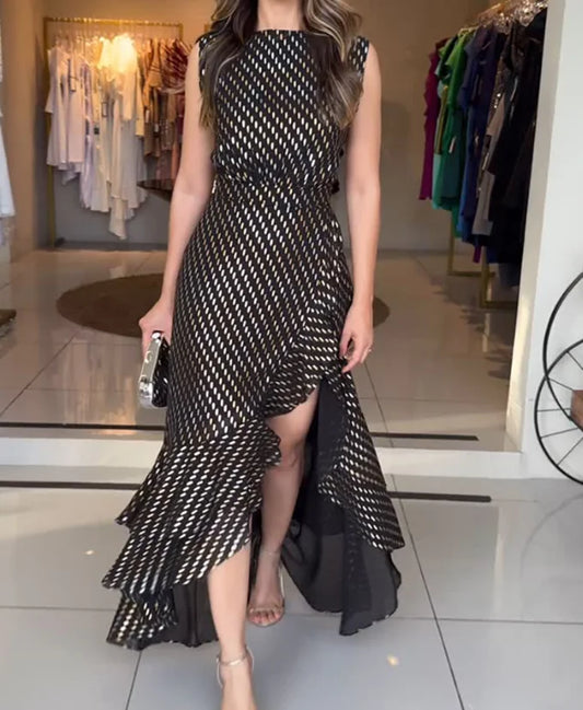 Women's Elegant Black & Gold Midi Dress  Sleeveless Tiered Ruffle Dress