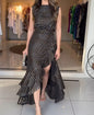 Women's Elegant Black & Gold Midi Dress  Sleeveless Tiered Ruffle Dress