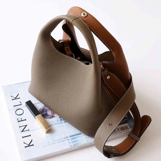 Patchwork Style Women Bucket Bag Lychee Texture Cowhide Luxury   Bag High Grade Ladies Handbag