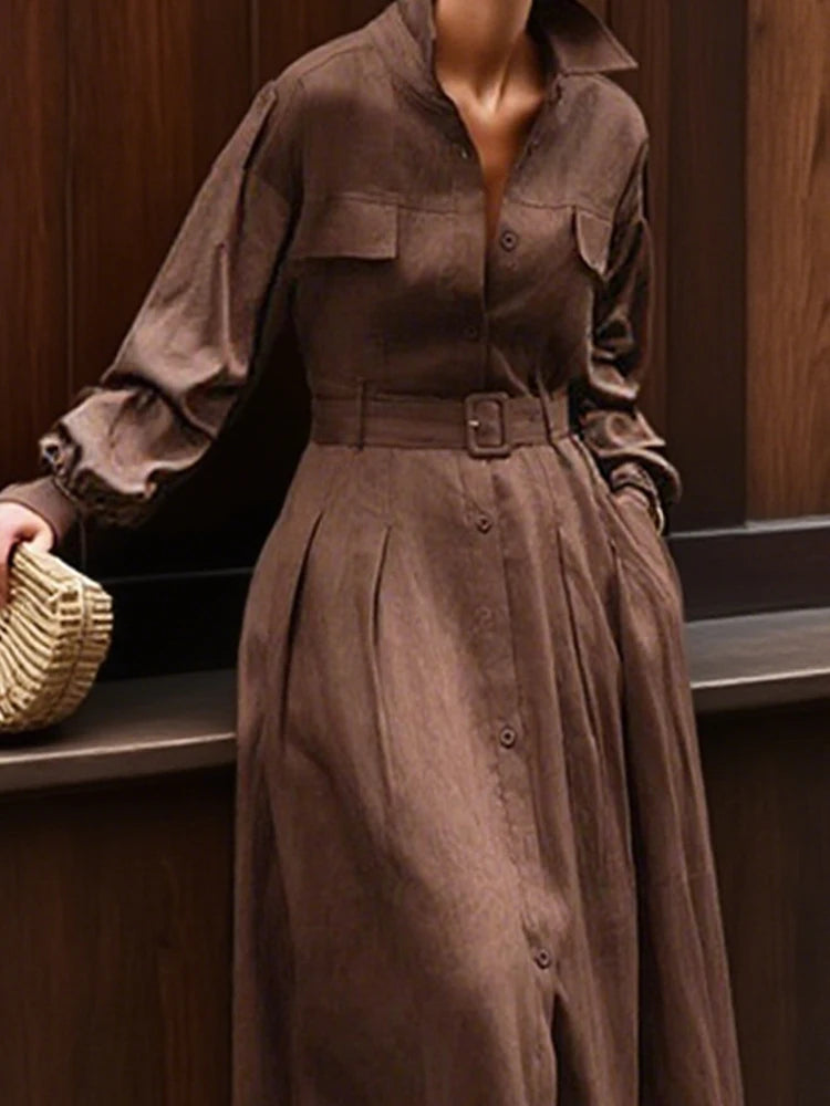 Long Sleeve Lapel Shirt Dress Pleated Belt Maxi Dress Fall 2025