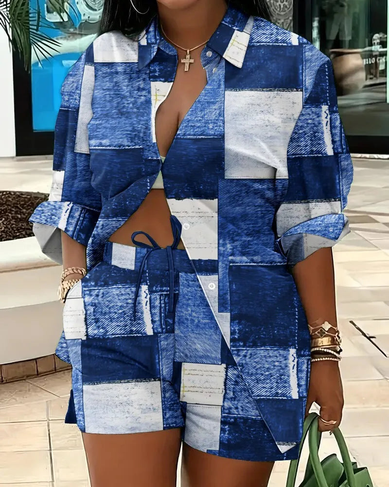 Spring Shirt Two Piece Set For Women Summer Fashion Print Shorts 2 Piece Sets