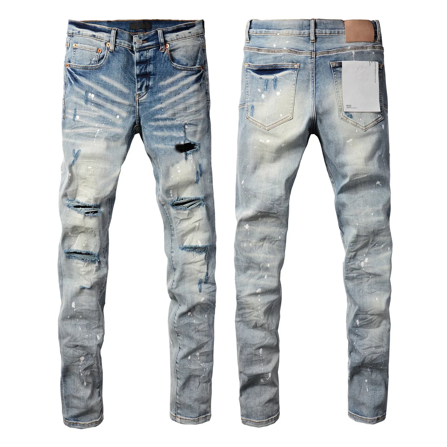 Men's Luxury Distressed Black Streetwear High Stretch Skinny Button Fly Ripped Jean Pants